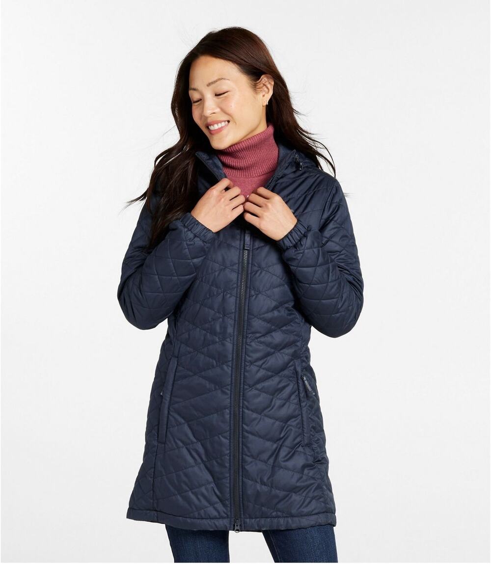 LL Bean Womens Primaloft Jacket Quilted Hooded Navy Fleece Lined Long Coat Sz M